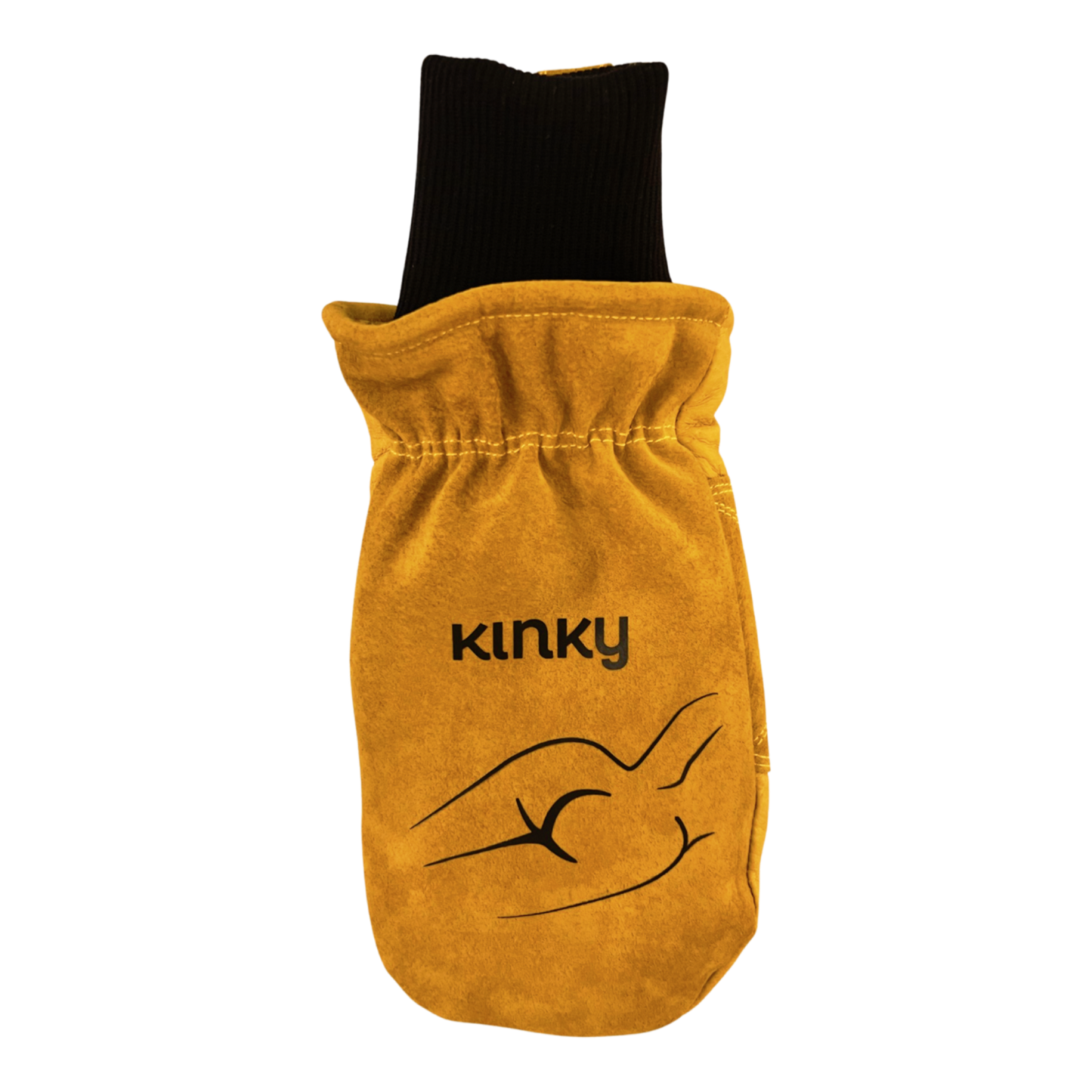Kinky Mitts, ski and snowboard mitts, left mitten, front side, butt artwork featured